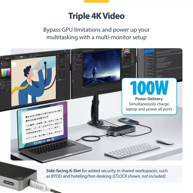 StarTech.com USB-C triple monitor dockingstation - HDMI/DP triple 4k USB-C dock - 5x USB-hub - GbE - 100W PD - universele multi monitor dockingstation - Thunderbolt 3/4 compatibel