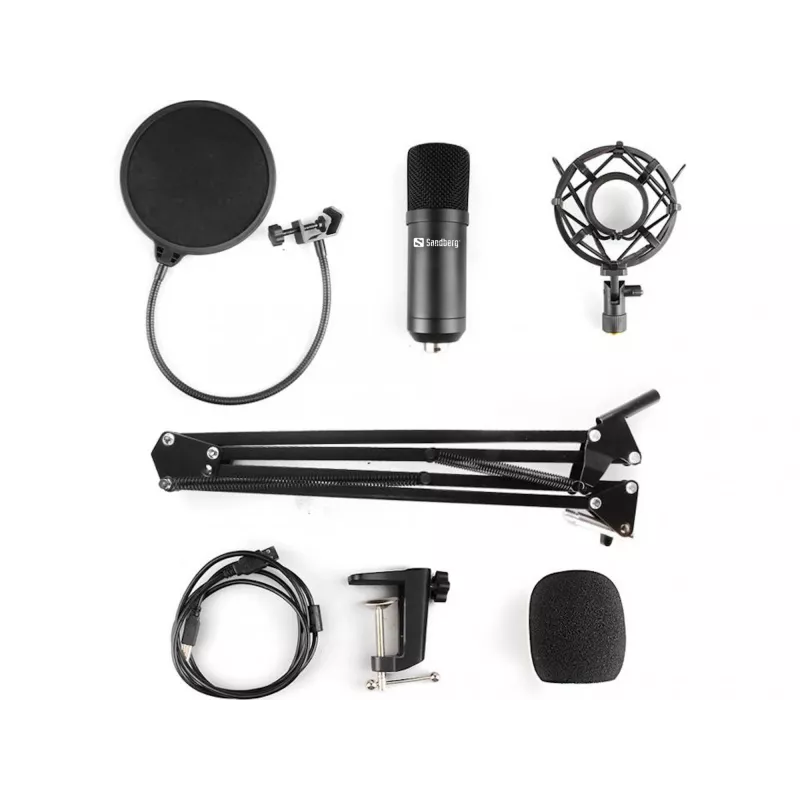 Sandberg Streamer USB-microfoonkit, studiomicrofoon, -27 dB, 30 - 16000 Hz, 24 bit, 96 kHz, unidirectioneel