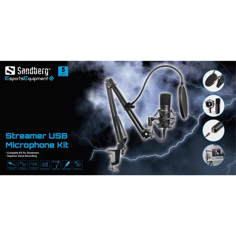 Sandberg Streamer USB-microfoonkit, studiomicrofoon, -27 dB, 30 - 16000 Hz, 24 bit, 96 kHz, unidirectioneel
