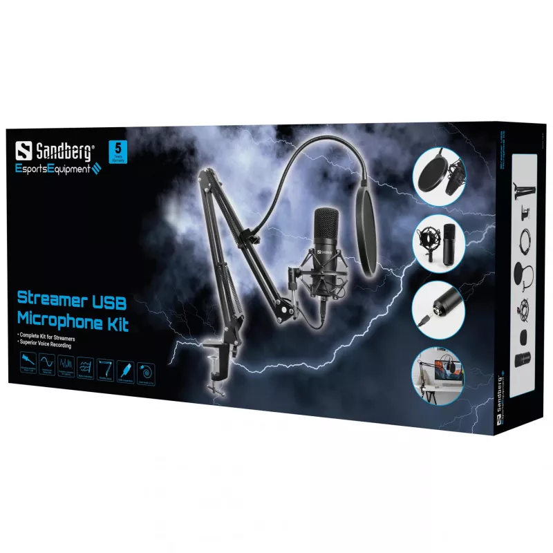 Sandberg Streamer USB-microfoonkit, studiomicrofoon, -27 dB, 30 - 16000 Hz, 24 bit, 96 kHz, unidirectioneel