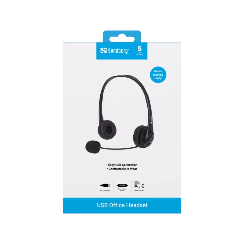 Sandberg USB Office headset, bedraad, kantoor/callcenter, 20 - 20000 Hz, 94 g, headset, zwart