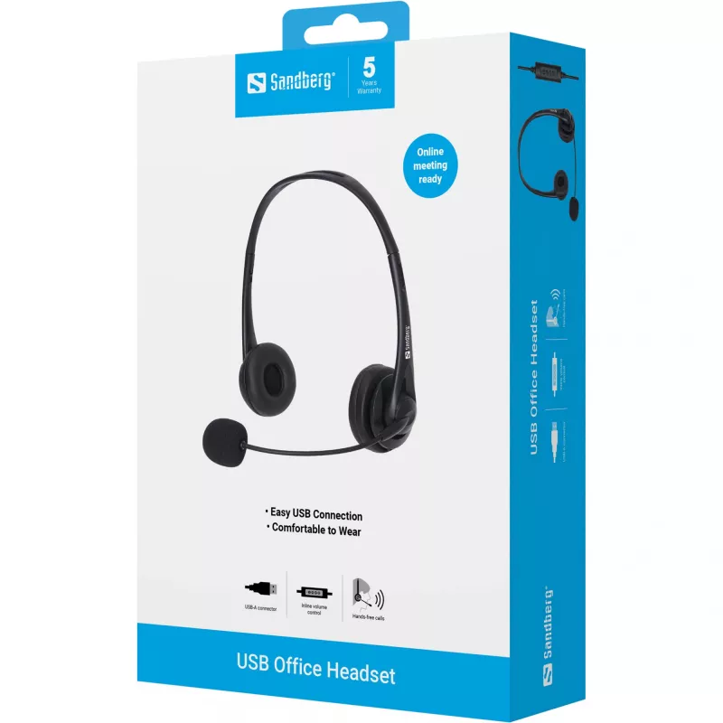 Sandberg USB Office headset, bedraad, kantoor/callcenter, 20 - 20000 Hz, 94 g, headset, zwart