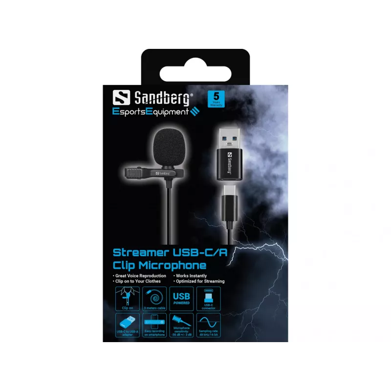 Sandberg Streamer USB-clipmicrofoon, lavalier-/clipmicrofoon, -38 dB, 50 - 18000 Hz, 16 bit, 48 kHz, 84 dB