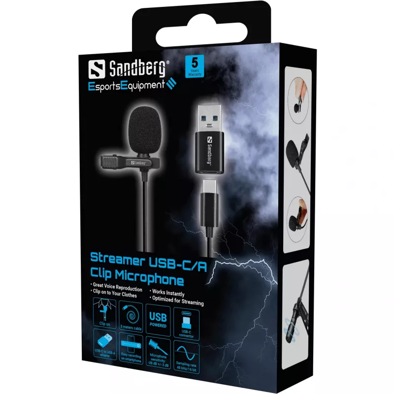 Sandberg Streamer USB-clipmicrofoon, lavalier-/clipmicrofoon, -38 dB, 50 - 18000 Hz, 16 bit, 48 kHz, 84 dB