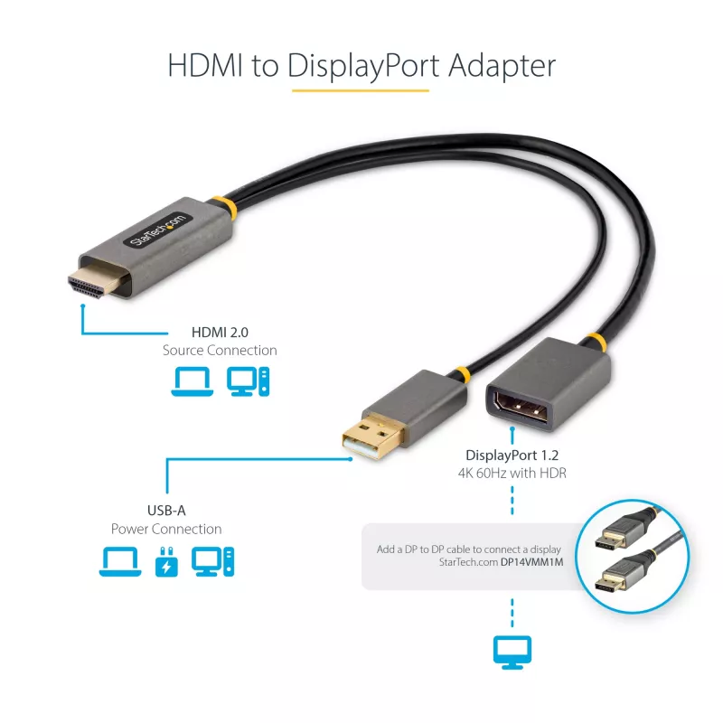 StarTech.com 30cm HDMI-naar-DisplayPort-adapterkabel, actieve 4K 60Hz HDMI 2.0 naar DP 1.2 converter, HDR, USB-busvoeding, HDMI-bron naar DisplayPort-monitor voor laptops/pc's