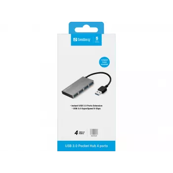 Sandberg USB 3.0 Pocket Hub 4 poorten, USB 3.2 Gen 1 (3.1 Gen 1) Type-A, USB 3.2 Gen 1 (3.1 Gen 1) Type-A, 5000 Mbit/s, wit, aluminium, RoHS