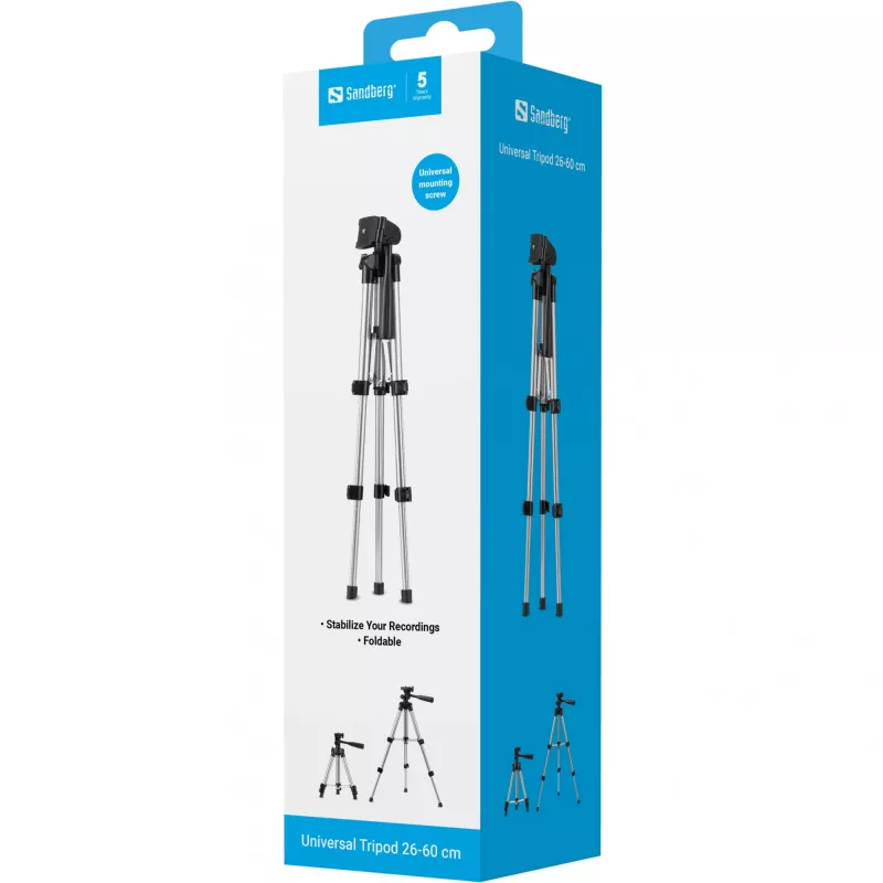 Sandberg universeel statief 26-60 cm, 3 poten, zwart, zilver, 60 cm