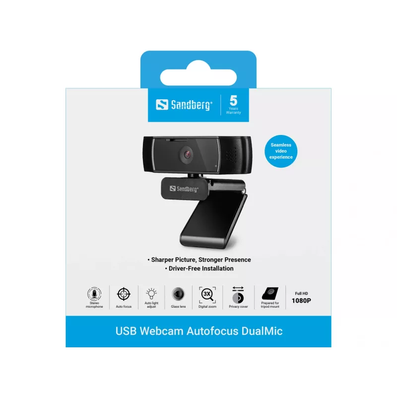 Sandberg USB-webcam autofocus DualMic, 2,07 MP, 1920 x 1080 pixels, Full HD, 30 fps, 70°, 70°