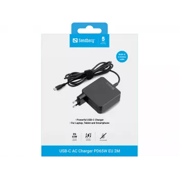 Sandberg USB-C AC-oplader PD65W EU 2M, binnen, AC, 20 V, 1 m, zwart