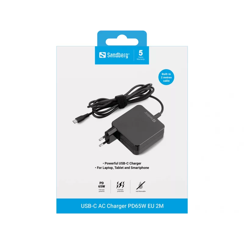 Sandberg USB-C AC-oplader PD65W EU 2M, binnen, AC, 20 V, 1 m, zwart