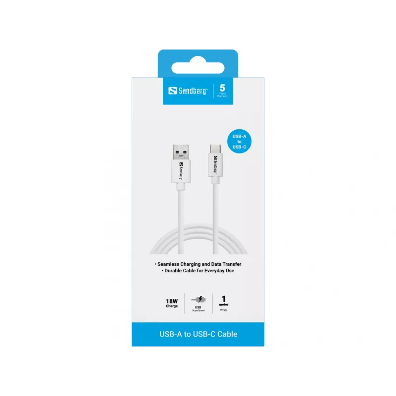Sandberg USB-C 3.1 USB-A 3.0 1M, 1 m, USB A, USB C, USB 3.2 Gen 1 (3.1 Gen 1), stekker/stekker, wit