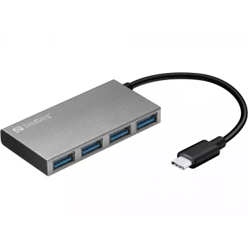 Sandberg USB-C naar 4x USB 3.0 Pocket Hub, USB 3.2 Gen 1 (3.1 Gen 1) Type-C, USB 3.2 Gen 1 (3.1 Gen 1) Type-A, wit, aluminium, RoHS, Windows 10, Windows 7, Windows 8
