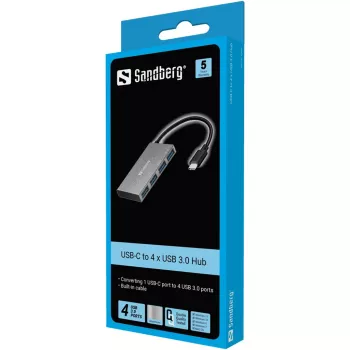 Sandberg USB-C naar 4x USB 3.0 Pocket Hub, USB 3.2 Gen 1 (3.1 Gen 1) Type-C, USB 3.2 Gen 1 (3.1 Gen 1) Type-A, wit, aluminium, RoHS, Windows 10, Windows 7, Windows 8