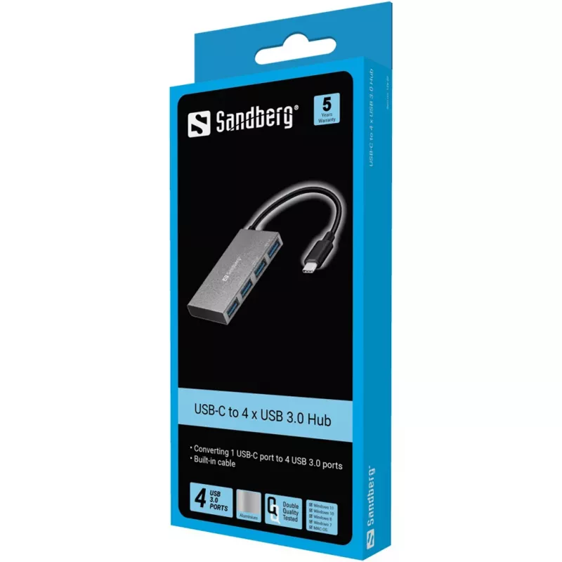 Sandberg 136-20 USB-C naar 4x USB 3.0 pocket hub, aluminium, grijs