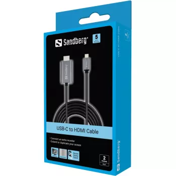 Sandberg USB-C naar HDMI-kabel 2M, 2 m, USB Type-C, HDMI, stekker, stekker, recht