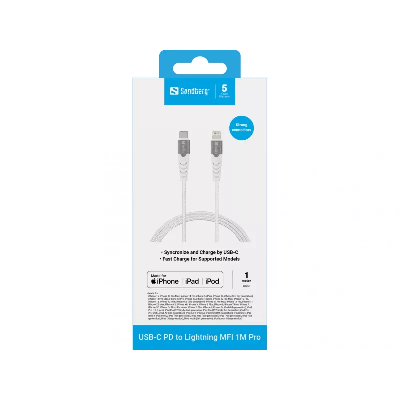 Sandberg USB-C PD naar Lightning MFI 1M PRO, 1 m, Lightning, USB C, stekker, stekker, wit