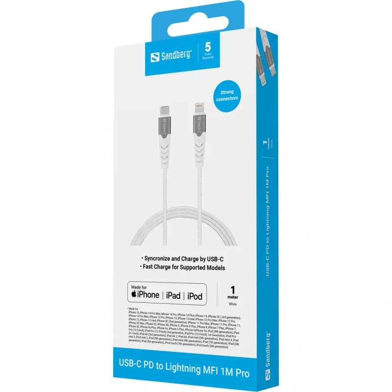Sandberg USB-C PD naar Lightning MFI 1M PRO, 1 m, Lightning, USB C, stekker, stekker, wit