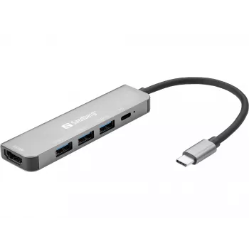 Sandberg USB-C-dock HDMI+3xUSB+PD 100W, bedraad, USB 3.2 Gen 1 (3.1 Gen 1) Type-C, 100 W, grijs, 4K Ultra HD, aluminium