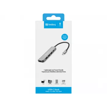 Sandberg USB-C-dock HDMI+3xUSB+PD 100W, bedraad, USB 3.2 Gen 1 (3.1 Gen 1) Type-C, 100 W, grijs, 4K Ultra HD, aluminium