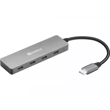 Sandberg USB-C naar 4 x USB-C-hub, USB 3.2 Gen 1 (3.1 Gen 1) Type-C, USB 3.2 Gen 1 (3.1 Gen 1) Type-C, 10000 Mbit/s, grijs, aluminium, 0,15 m