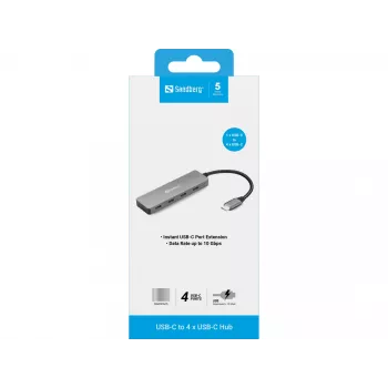 Sandberg USB-C naar 4 x USB-C-hub, USB 3.2 Gen 1 (3.1 Gen 1) Type-C, USB 3.2 Gen 1 (3.1 Gen 1) Type-C, 10000 Mbit/s, grijs, aluminium, 0,15 m