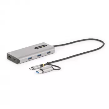 StarTech.com USB-C multiport-adapter met aangebrachte USB-C-naar-USB-A-dongle, dual HDMI (4K30Hz/1080p60Hz), 3x USB-A 5Gbps, mini travel dock, laptop-dockingstation, 1,3ft/40cm kabel