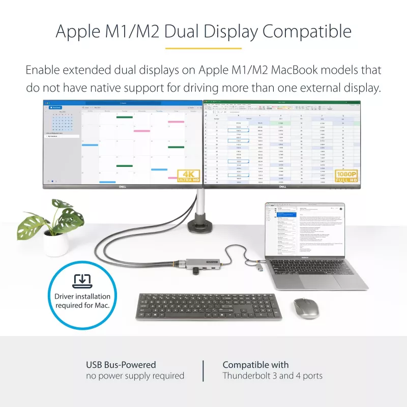 StarTech.com USB-C multiport-adapter met aangebrachte USB-C-naar-USB-A-dongle, dual HDMI (4K30Hz/1080p60Hz), 3x USB-A 5Gbps, mini travel dock, laptop-dockingstation, 1,3ft/40cm kabel