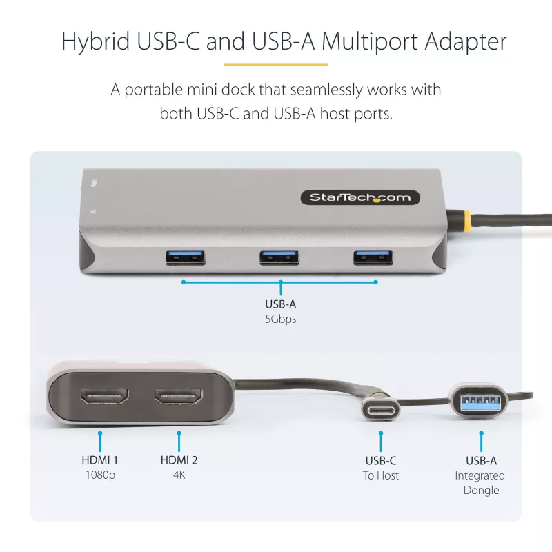 StarTech.com USB-C multiport-adapter met aangebrachte USB-C-naar-USB-A-dongle, dual HDMI (4K30Hz/1080p60Hz), 3x USB-A 5Gbps, mini travel dock, laptop-dockingstation, 1,3ft/40cm kabel