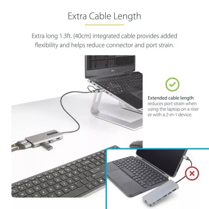 StarTech.com USB-C multiport-adapter met aangebrachte USB-C-naar-USB-A-dongle, dual HDMI (4K30Hz/1080p60Hz), 3x USB-A 5Gbps, mini travel dock, laptop-dockingstation, 1,3ft/40cm kabel
