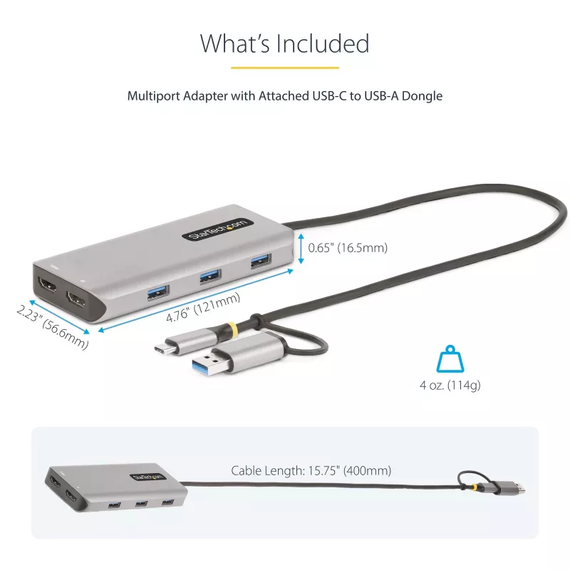 StarTech.com USB-C multiport-adapter met aangebrachte USB-C-naar-USB-A-dongle, dual HDMI (4K30Hz/1080p60Hz), 3x USB-A 5Gbps, mini travel dock, laptop-dockingstation, 1,3ft/40cm kabel