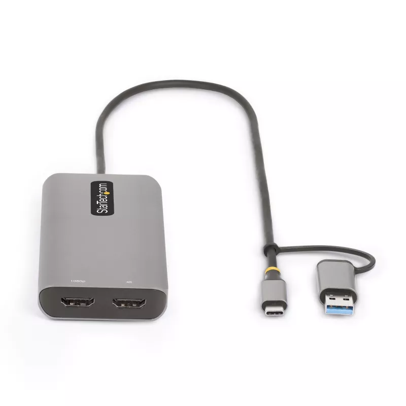 StarTech.com USB-C multiport-adapter met aangebrachte USB-C-naar-USB-A-dongle, dual HDMI (4K30Hz/1080p60Hz), 3x USB-A 5Gbps, mini travel dock, laptop-dockingstation, 1,3ft/40cm kabel