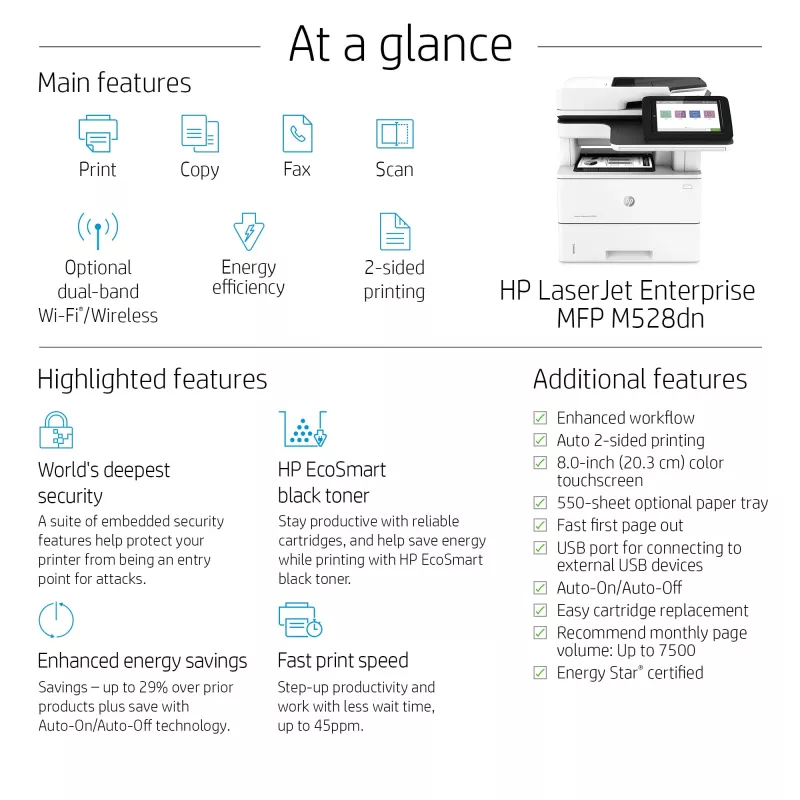 HP LaserJet Enterprise MFP M528dn, laser, monodruk, 1200 x 1200 DPI, A4, direct printen, zwart, wit