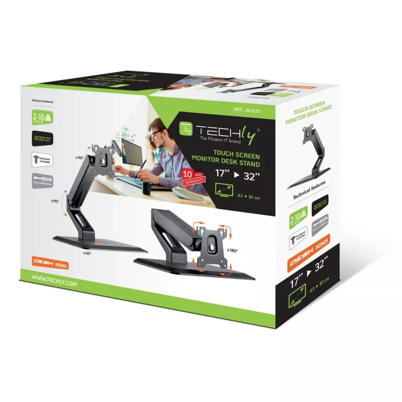 Techly ICA-LCD 35TS bureausteun voor touchscreenmonitor, 17-32 inch, tot 10 kg, VESA 75x75/100x100, gasveer, zwart