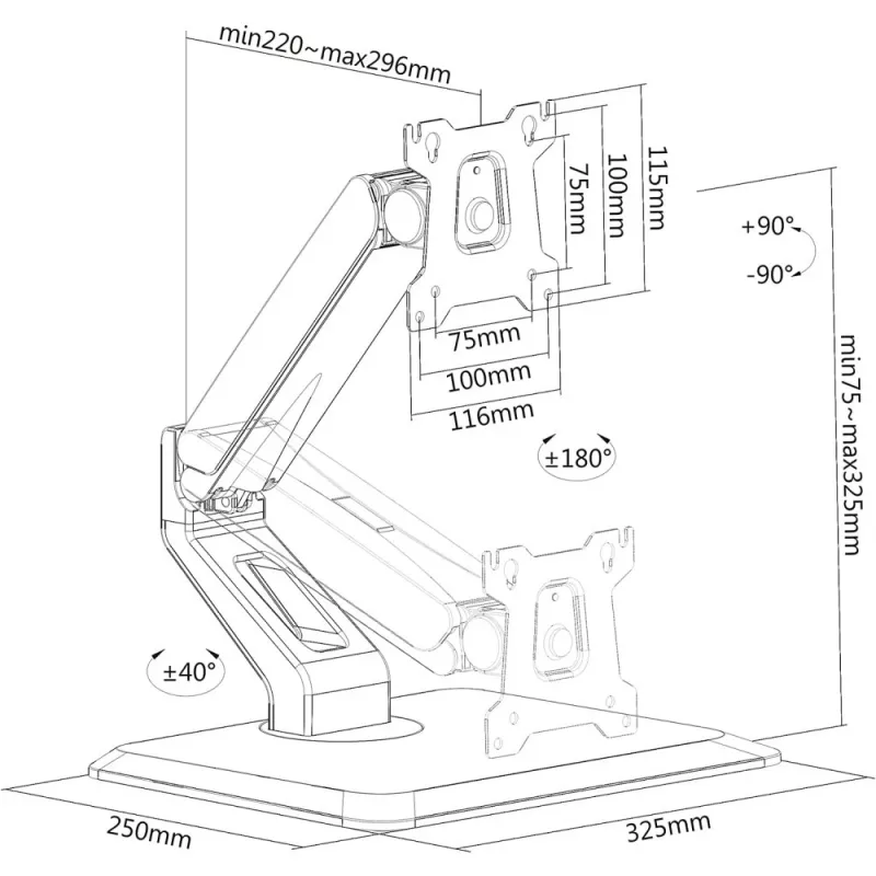 Techly ICA-LCD 35TS bureausteun voor touchscreenmonitor, 17-32 inch, tot 10 kg, VESA 75x75/100x100, gasveer, zwart