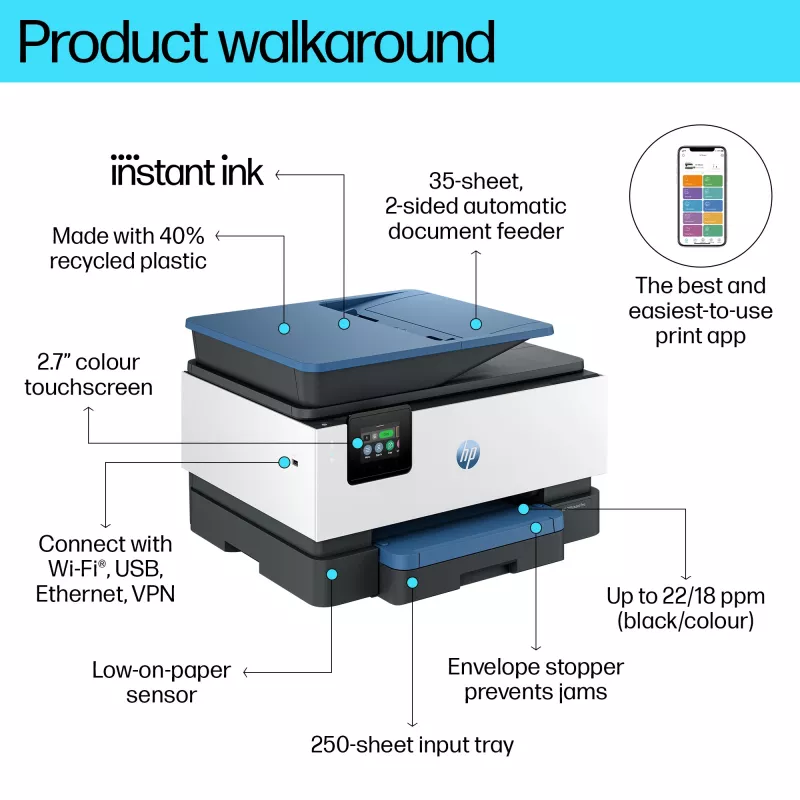 HP OfficeJet Pro 9125e draadloze all-in-one kleurenprinter, Instant Ink; dubbelzijdig printen
