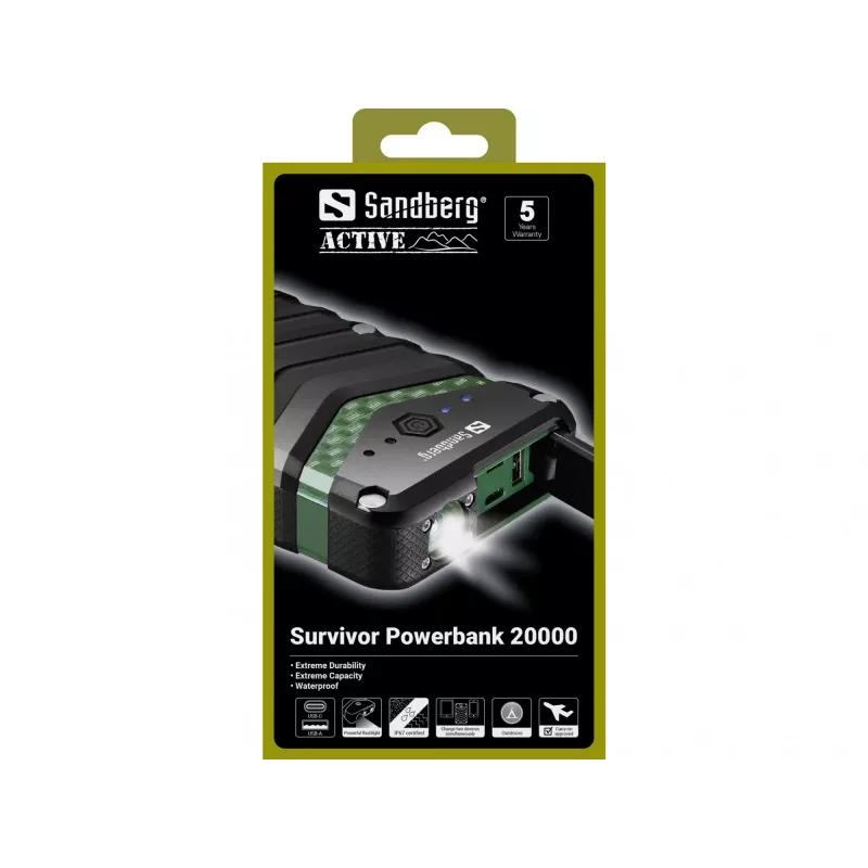 Sandberg Survivor Powerbank 20000, 20000 mAh, lithium-ion (Li-Ion), zwart, groen
