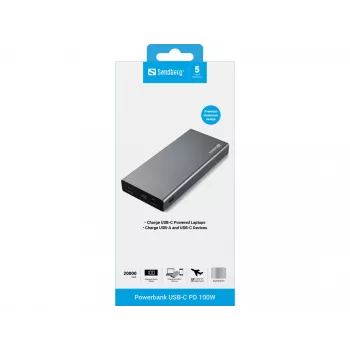 Sandberg Powerbank USB-C PD 100W 20000, 20000 mAh, lithium-ion (Li-Ion), Quick Charge 3.0, 100 W, grijs