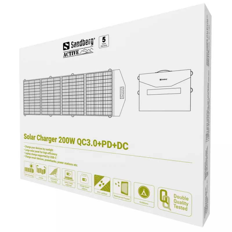 Sandberg 420-82 zonnelader 200 W, QC3.0+PD+DC, 4 uitgangen (DC, 2x USB, USB-C)