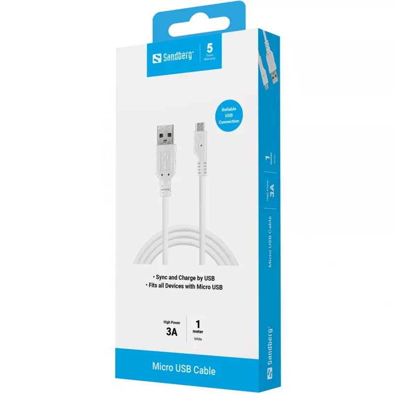Sandberg USB-A-naar-Micro-USB-laadkabel 1m, 1 m, USB A, Micro-USB B, USB 2.0, stekker/stekker, wit