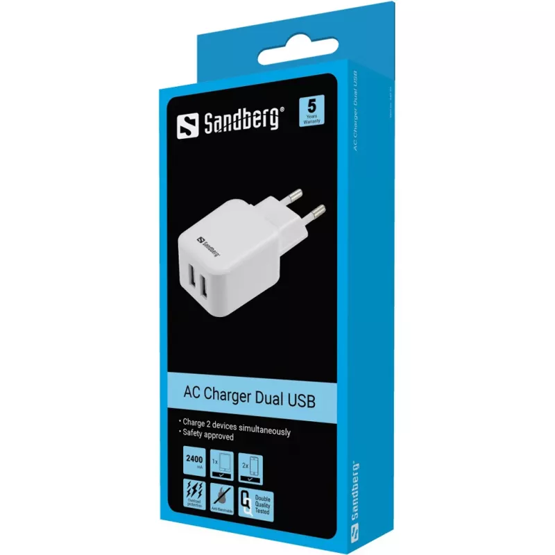 Sandberg AC-oplader Dual USB 2.4+1A EU, binnen, AC, USB, 5 V, zwart, wit