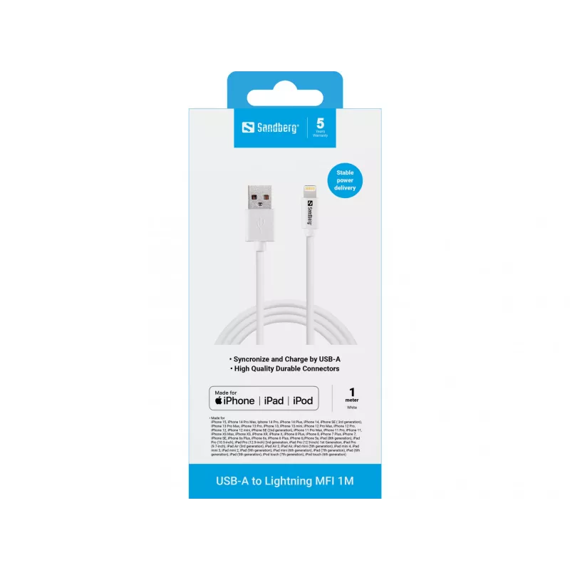 Sandberg USB-A naar Lightning MFI 1M, 1 m, Lightning, USB A, wit, recht, recht