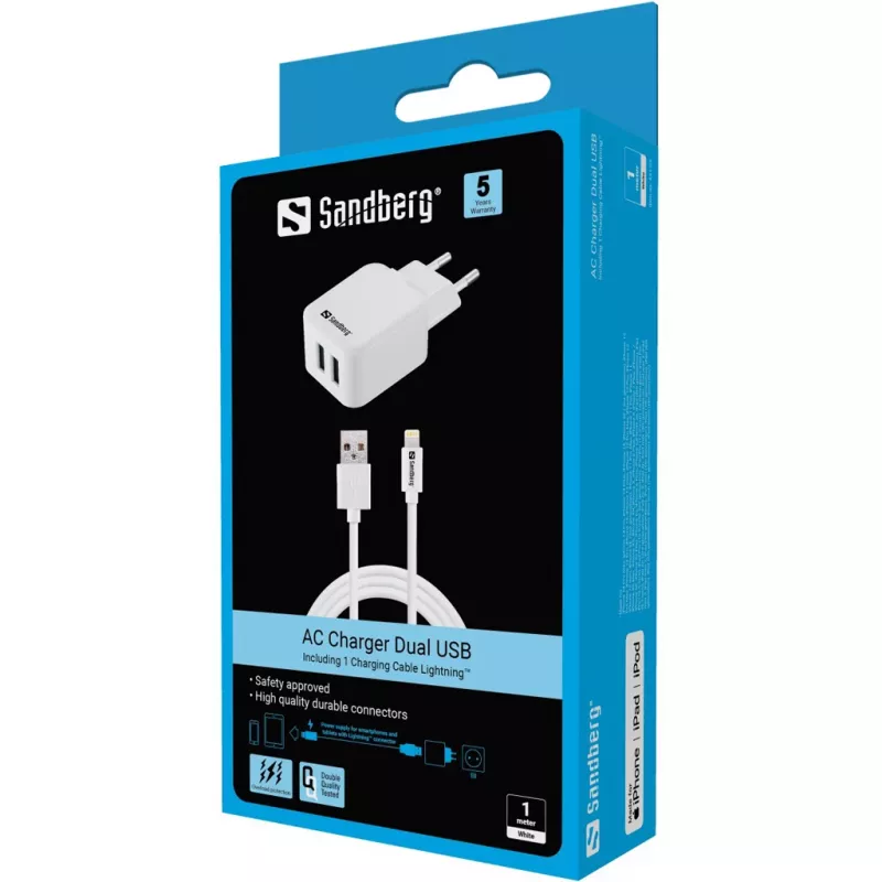 Sandberg AC-oplader EU Lightning 2.4A, binnen, AC, 5 V, wit
