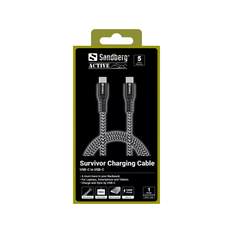 Sandberg Survivor USB-C-kabel 1M 100W, 1 m, USB C, USB C, USB 2.0, zwart, grijs