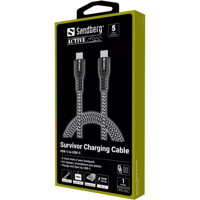 Sandberg Survivor USB-C-kabel 1M 100W, 1 m, USB C, USB C, USB 2.0, zwart, grijs