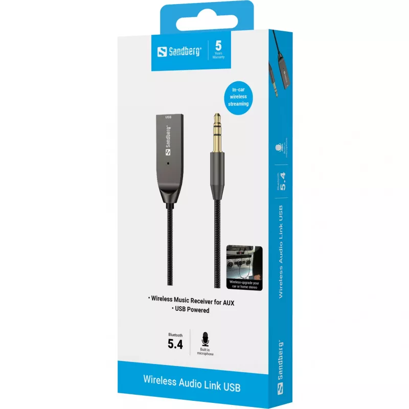Sandberg Wireless Audio Link USB, USB, A2DP, AVRCP, HFP, 10 m, zwart, dock, 5 V