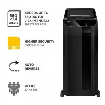 Fellowes papiervernietiger 550 vel automatische invoer kruissnit AutoMax 550C met 83-liter opvangbak hoge veiligheid P4