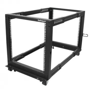 StarTech.com 4-posts 12U mobiel open-frame serverrack, vier-posts 19 inch netwerkrack met wielen, rolbaar rack met verstelbare diepte voor computer/AV/data/IT-apparatuur – wielen, stelvoeten of vloermontage