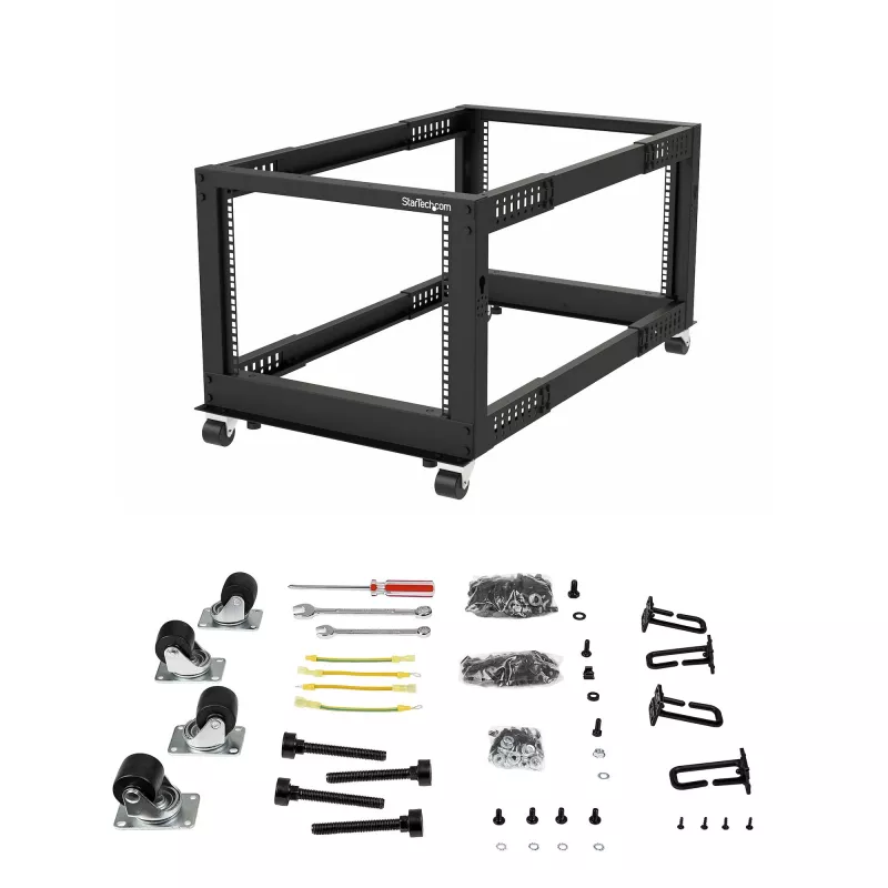StarTech.com 4-posts 12U mobiel open-frame serverrack, vier-posts 19 inch netwerkrack met wielen, rolbaar rack met verstelbare diepte voor computer/AV/data/IT-apparatuur – wielen, stelvoeten of vloermontage