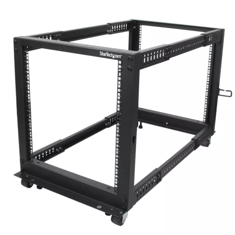 StarTech.com 4-posts 12U mobiel open-frame serverrack, vier-posts 19 inch netwerkrack met wielen, rolbaar rack met verstelbare diepte voor computer/AV/data/IT-apparatuur – wielen, stelvoeten of vloermontage