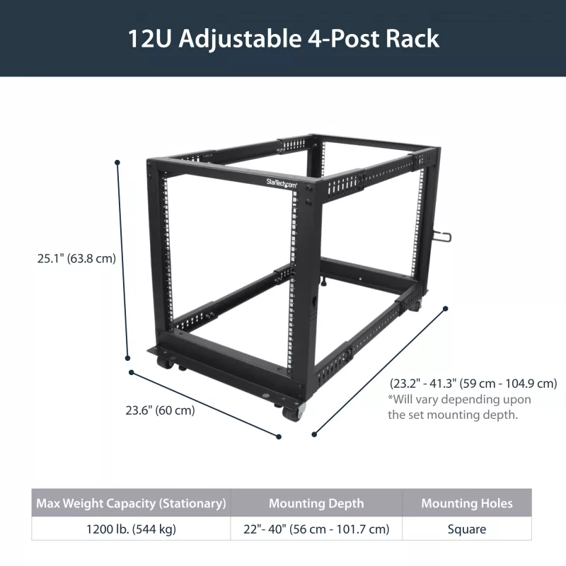 StarTech.com 4-posts 12U mobiel open-frame serverrack, vier-posts 19 inch netwerkrack met wielen, rolbaar rack met verstelbare diepte voor computer/AV/data/IT-apparatuur – wielen, stelvoeten of vloermontage